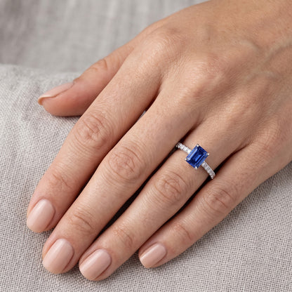Women Gemstone Ring With Natural Earth Mined Diamonds Radiant Cut Sapphire 1.50 Carats