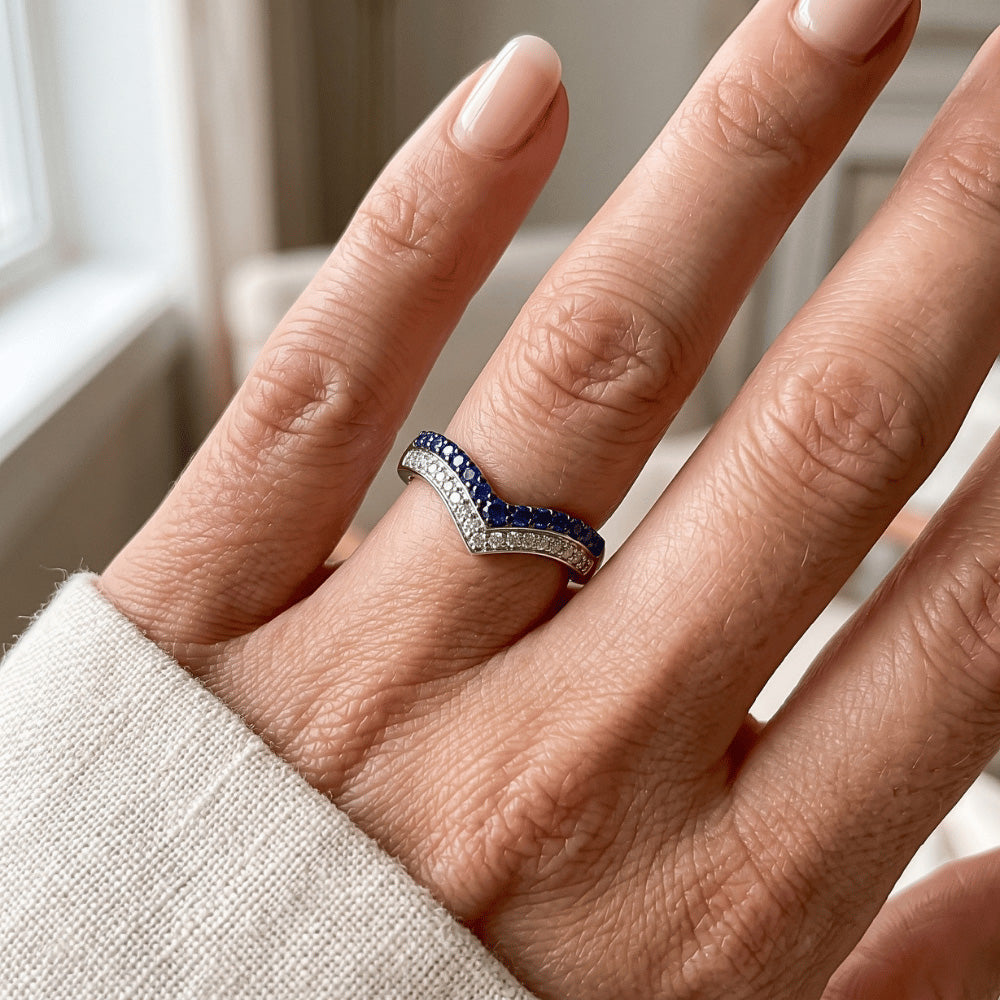 Women Gold Ring Enhancer Round Natural Earth Mined Diamond & Blue Sapphire Stones 2 Carats