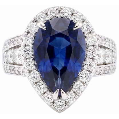 Women Halo Blue Sapphire Wedding Ring Set & Natural Earth Mined Diamonds 6 Carats