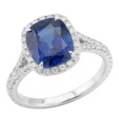 Women Halo Cushion Cut Sapphire Ring Pave Set Natural Earth Mined Diamonds 4 Carats