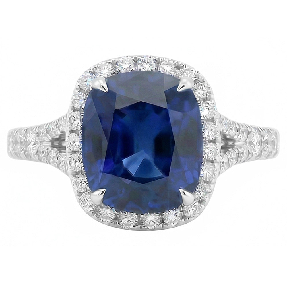 Women Halo Cushion Cut Sapphire Ring Pave Set Natural Earth Mined Diamonds 4 Carats
