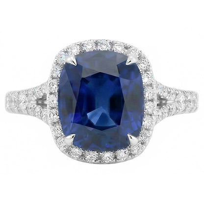 Women Halo Cushion Cut Sapphire Ring Pave Set Natural Earth Mined Diamonds 4 Carats