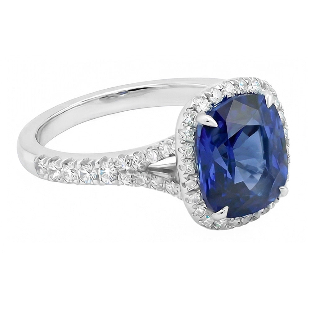 Women Halo Cushion Cut Sapphire Ring Pave Set Natural Earth Mined Diamonds 4 Carats