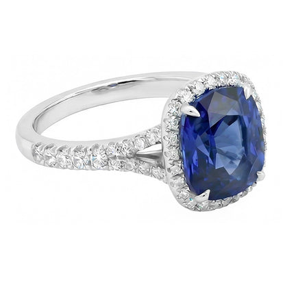 Women Halo Cushion Cut Sapphire Ring Pave Set Natural Earth Mined Diamonds 4 Carats