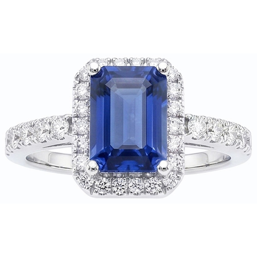 Women Halo Emerald Blue Sapphire Ring 4 Carats Natural Earth Mined Diamond Jewelry