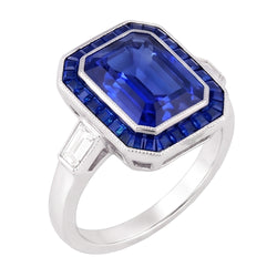 Women Halo Gemstone Blue Sapphires Ring 3.50 Carats Baguette Natural Earth Mined Diamonds