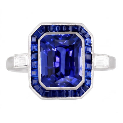 Women Halo Gemstone Blue Sapphires Ring 3.50 Carats Baguette Natural Earth Mined Diamonds