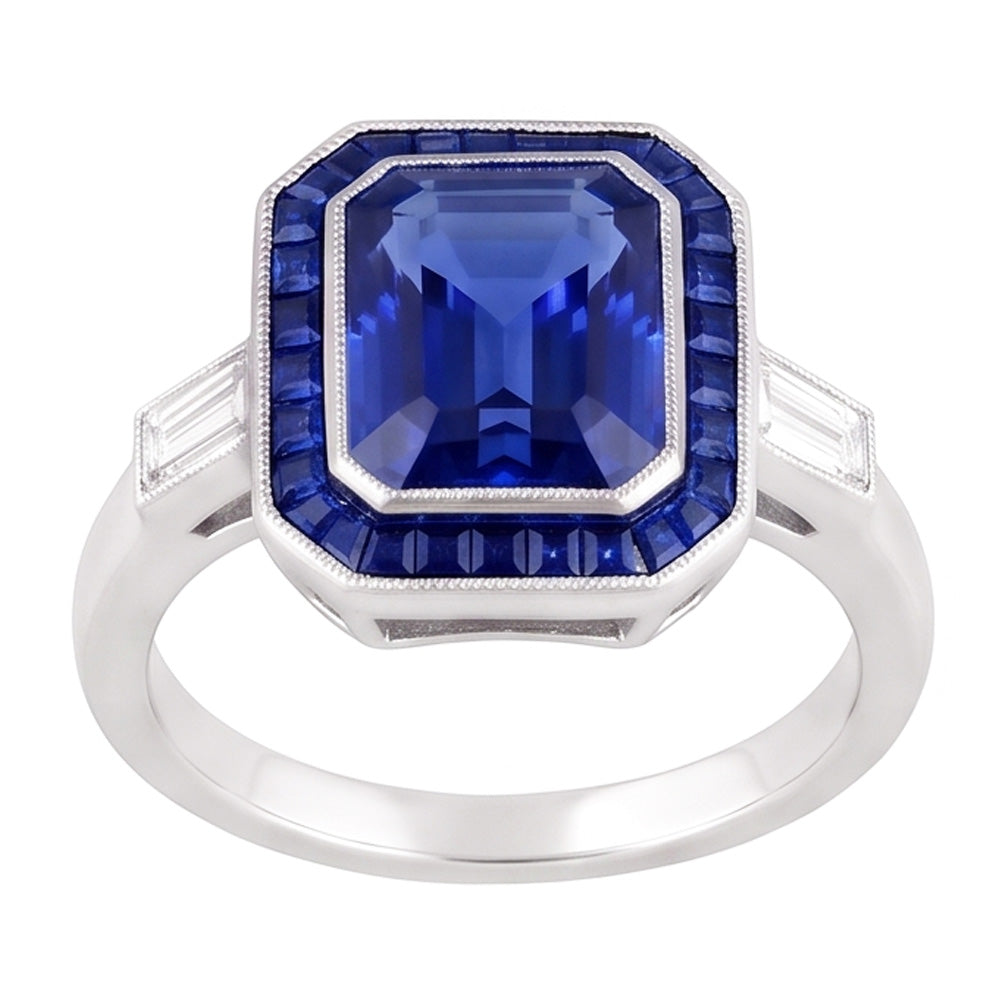 Women Halo Gemstone Blue Sapphires Ring 3.50 Carats Baguette Natural Earth Mined Diamonds