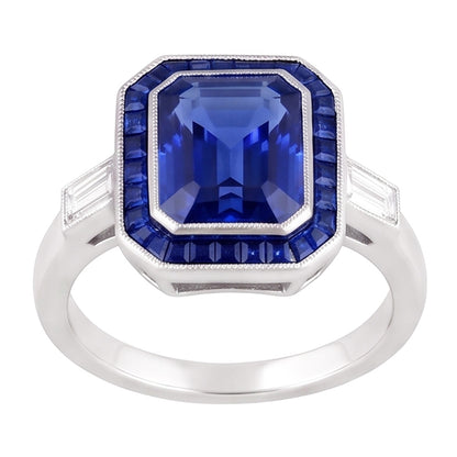 Women Halo Gemstone Blue Sapphires Ring 3.50 Carats Baguette Natural Earth Mined Diamonds