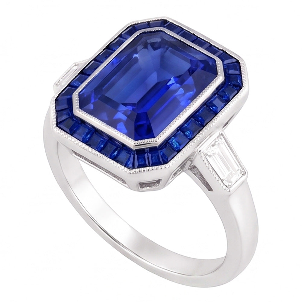 Women Halo Gemstone Blue Sapphires Ring 3.50 Carats Baguette Natural Earth Mined Diamonds