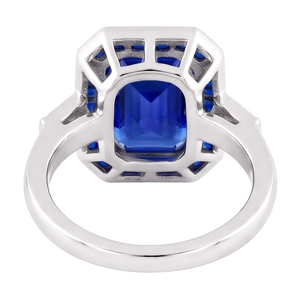 Women Halo Gemstone Blue Sapphires Ring 3.50 Carats Baguette Natural Earth Mined Diamonds