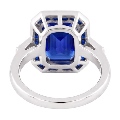 Women Halo Gemstone Blue Sapphires Ring 3.50 Carats Baguette Natural Earth Mined Diamonds