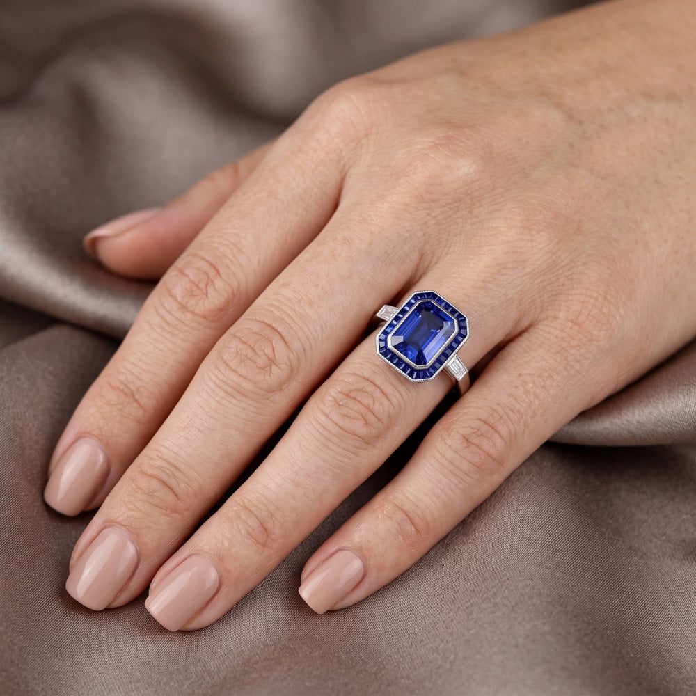 Women Halo Gemstone Blue Sapphires Ring 3.50 Carats Baguette Natural Earth Mined Diamonds