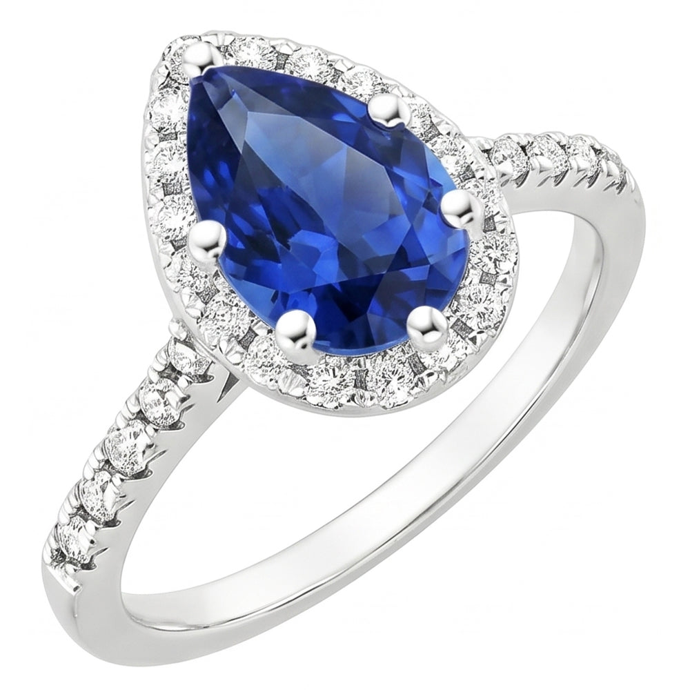 Women Halo Natural Earth Mined Diamond Ring Pear Blue Sapphire & Accents 5.25 Carats