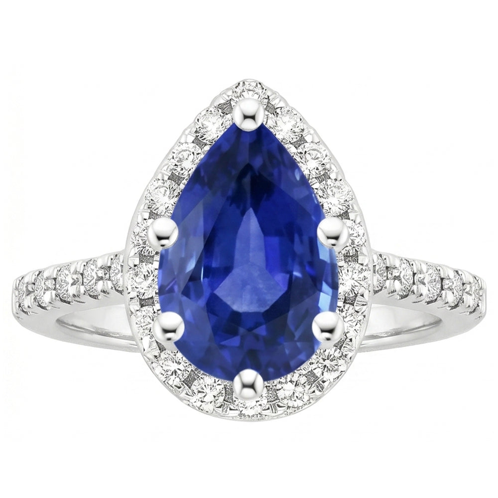 Women Halo Natural Earth Mined Diamond Ring Pear Blue Sapphire & Accents 5.25 Carats