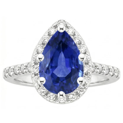 Women Halo Natural Earth Mined Diamond Ring Pear Blue Sapphire & Accents 5.25 Carats