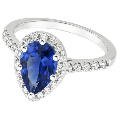 Women Halo Natural Earth Mined Diamond Ring Pear Blue Sapphire & Accents 5.25 Carats