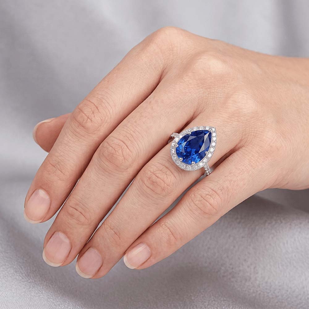 Women Halo Natural Earth Mined Diamond Ring Pear Blue Sapphire & Accents 5.25 Carats