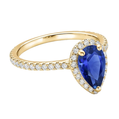 Women Halo Natural Earth Mined Diamond Ring Pear Sri Lankan Sapphire 5 Carats