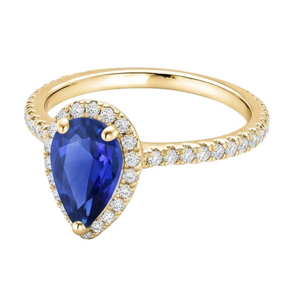 Women Halo Natural Earth Mined Diamond Ring Pear Sri Lankan Sapphire 5 Carats