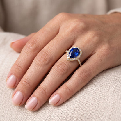 Women Halo Natural Earth Mined Diamond Ring Pear Sri Lankan Sapphire 5 Carats