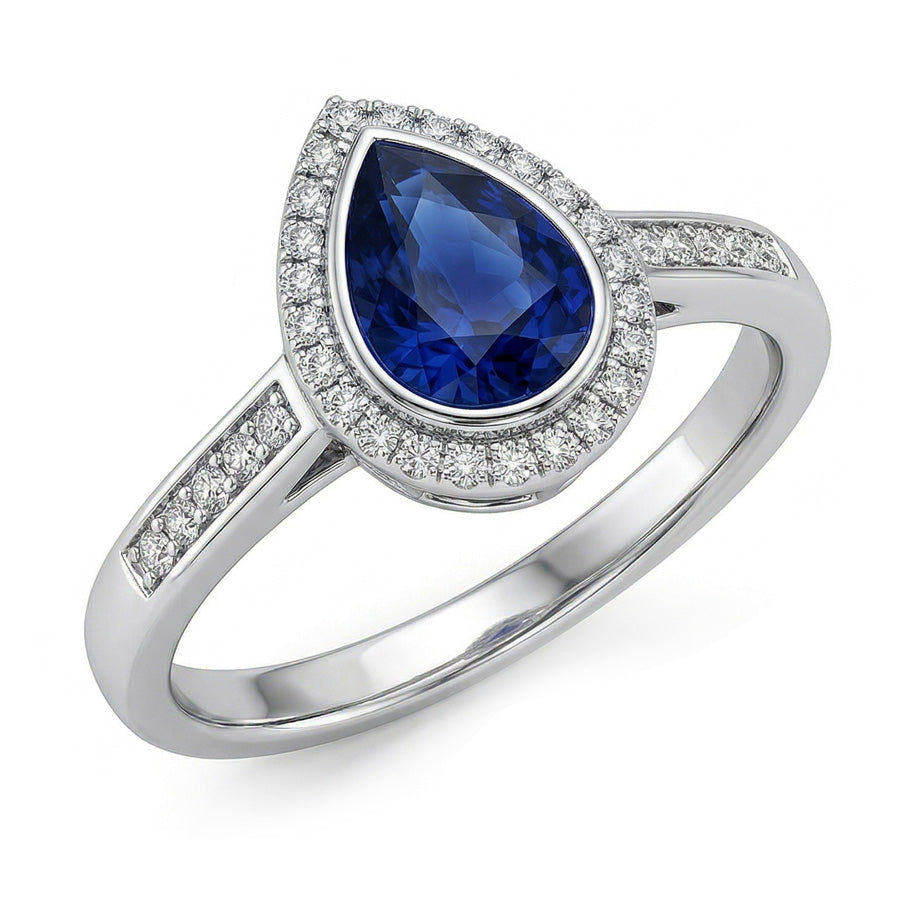 Women Halo Ring Deep Blue Sapphire & Round Natural Earth Mined Diamond Accents 3 Carats