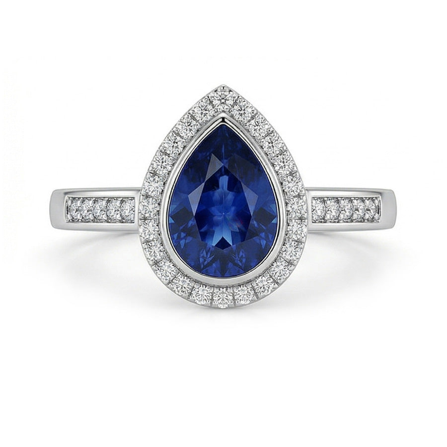 Women Halo Ring Deep Blue Sapphire & Round Natural Earth Mined Diamond Accents 3 Carats