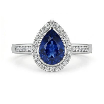 Women Halo Ring Deep Blue Sapphire & Round Natural Earth Mined Diamond Accents 3 Carats