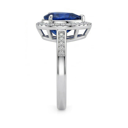 Women Halo Ring Deep Blue Sapphire & Round Natural Earth Mined Diamond Accents 3 Carats