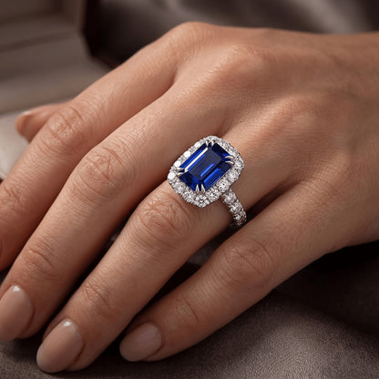 Women Halo Ring Emerald Sri Lankan Sapphire & Natural Earth Mined Diamond 5 Carats