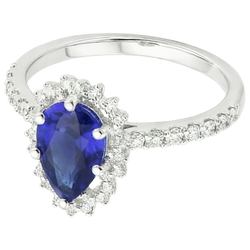 Women Halo Ring Flower Style Pear Ceylon Sapphire & Natural Earth Mined Diamonds 5 Carats
