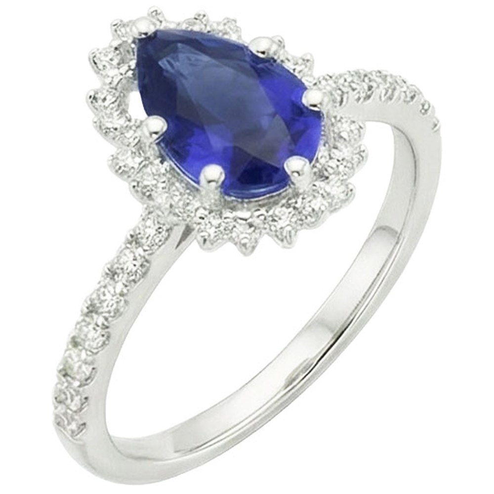 Women Halo Ring Flower Style Pear Ceylon Sapphire & Natural Earth Mined Diamonds 5 Carats