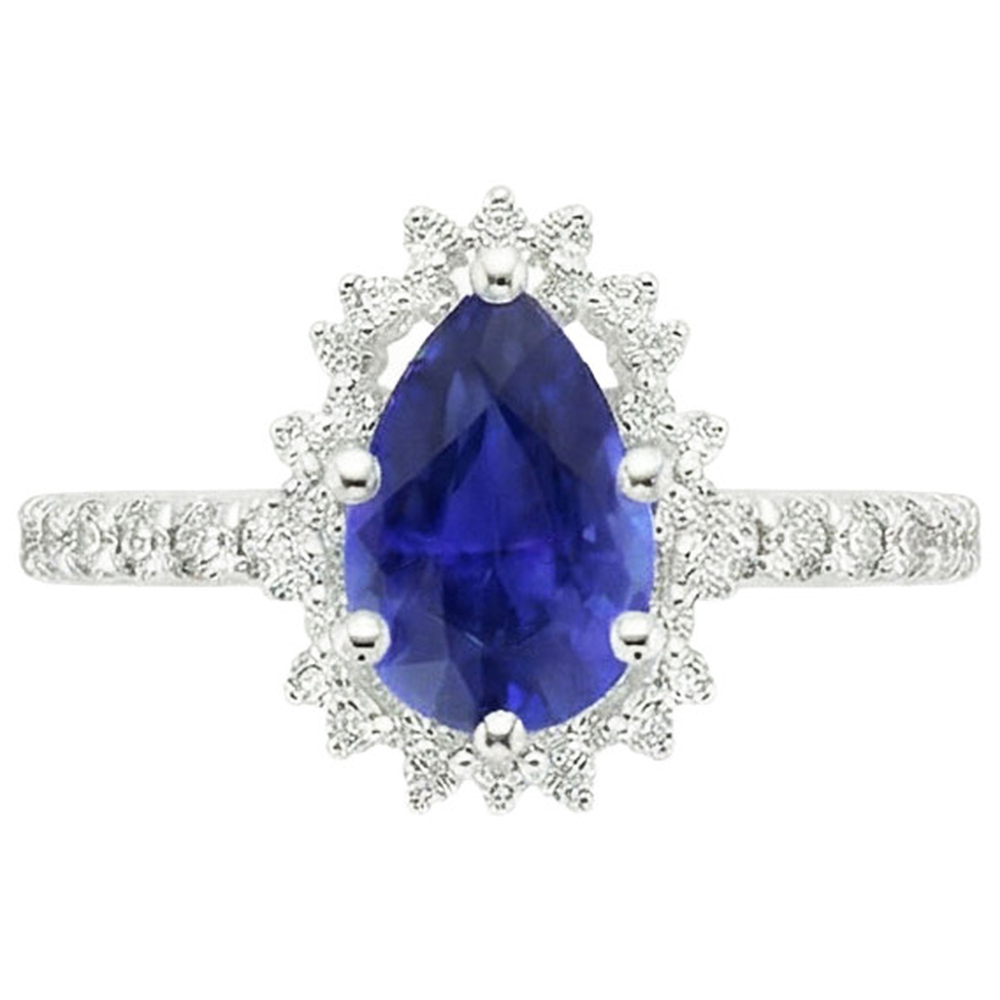 Women Halo Ring Flower Style Pear Ceylon Sapphire & Natural Earth Mined Diamonds 5 Carats