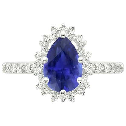 Women Halo Ring Flower Style Pear Ceylon Sapphire & Natural Earth Mined Diamonds 5 Carats