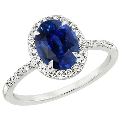Women Halo Ring Oval Blue Sapphire & Natural Earth Mined Diamond Accents 3.25 Carats