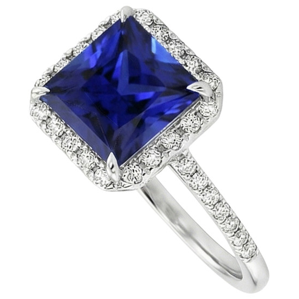 Women Halo Ring Princess Blue Sapphire With Pave Natural Earth Mined Diamonds 5.50 Carats