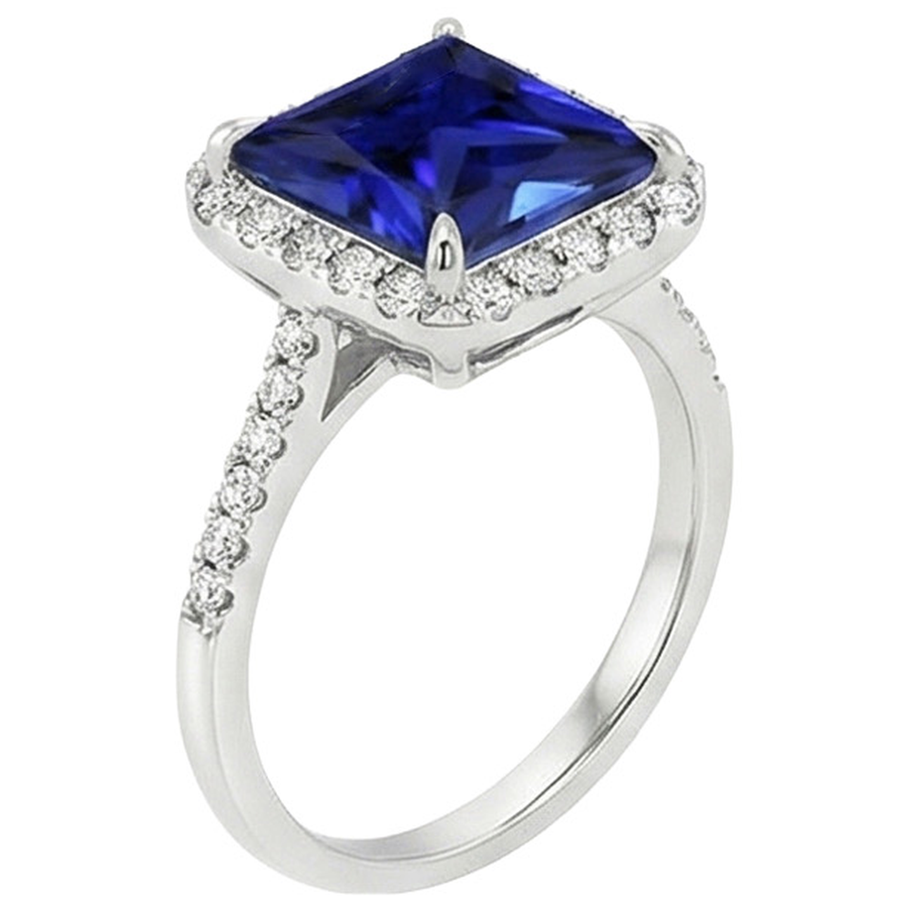 Women Halo Ring Princess Blue Sapphire With Pave Natural Earth Mined Diamonds 5.50 Carats