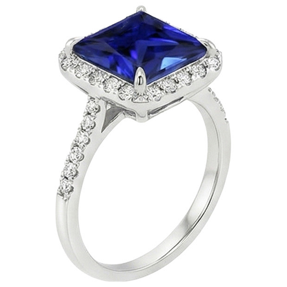 Women Halo Ring Princess Blue Sapphire With Pave Natural Earth Mined Diamonds 5.50 Carats