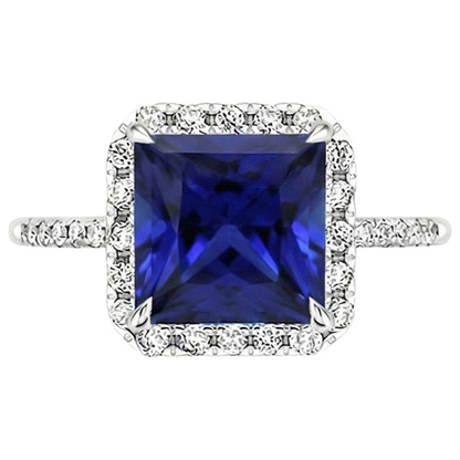 Women Halo Ring Princess Blue Sapphire With Pave Natural Earth Mined Diamonds 5.50 Carats