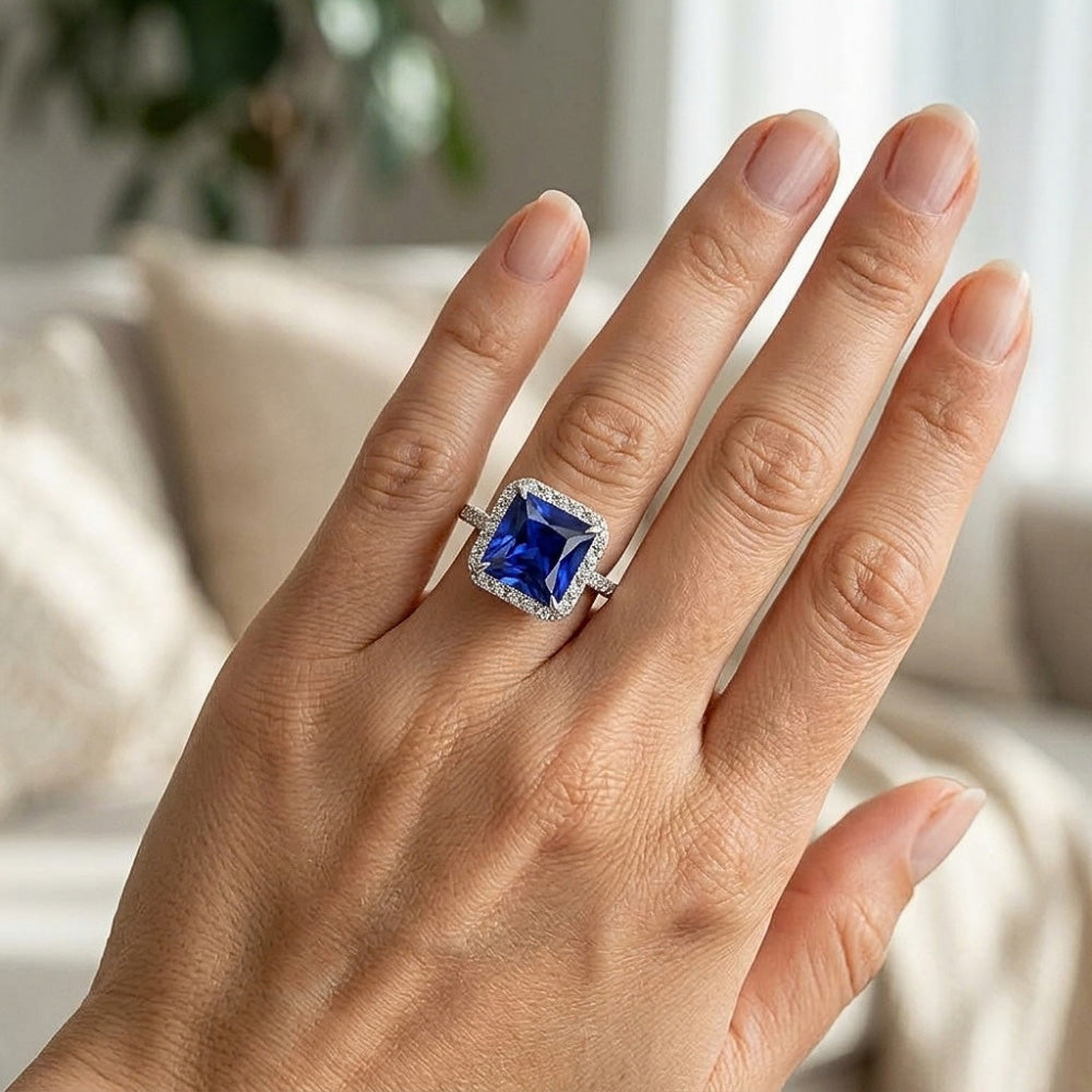 Women Halo Ring Princess Blue Sapphire With Pave Natural Earth Mined Diamonds 5.50 Carats