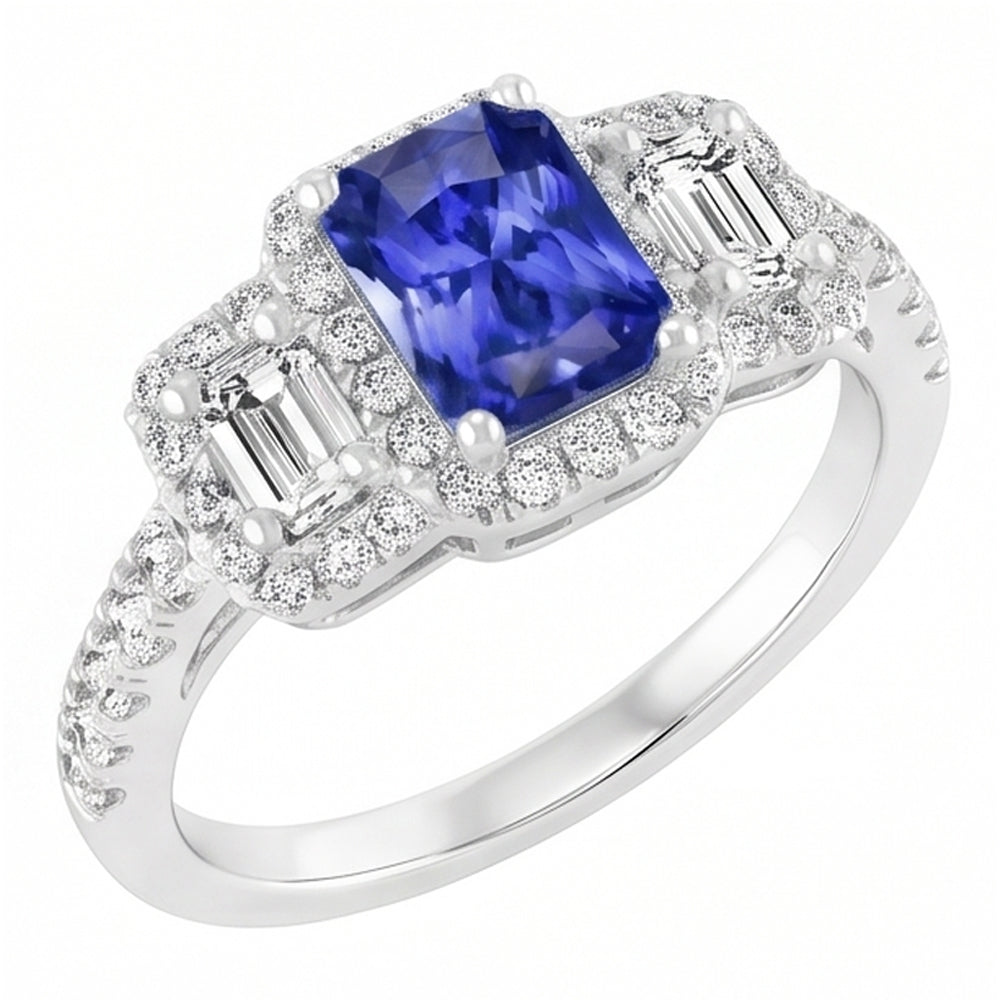 Women Halo Ring Round Emerald Natural Earth Mined Diamonds Blue Sapphire 3 Carats