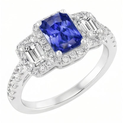 Women Halo Ring Round Emerald Natural Earth Mined Diamonds Blue Sapphire 3 Carats