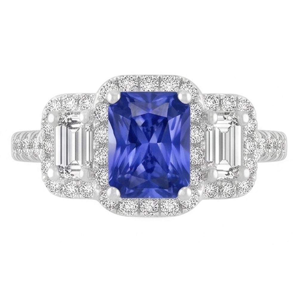 Women Halo Ring Round Emerald Natural Earth Mined Diamonds Blue Sapphire 3 Carats