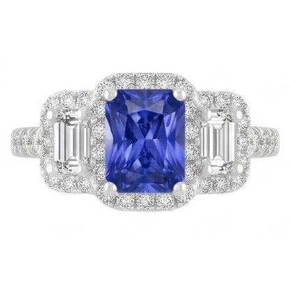 Women Halo Ring Round Emerald Natural Earth Mined Diamonds Blue Sapphire 3 Carats