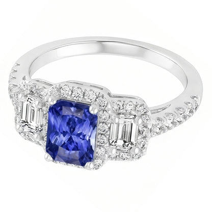 Women Halo Ring Round Emerald Natural Earth Mined Diamonds Blue Sapphire 3 Carats