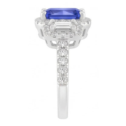 Women Halo Ring Round Emerald Natural Earth Mined Diamonds Blue Sapphire 3 Carats