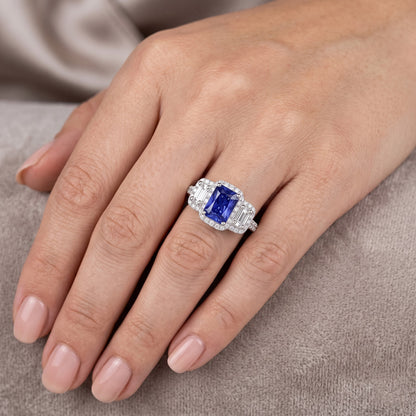 Women Halo Ring Round Emerald Natural Earth Mined Diamonds Blue Sapphire 3 Carats