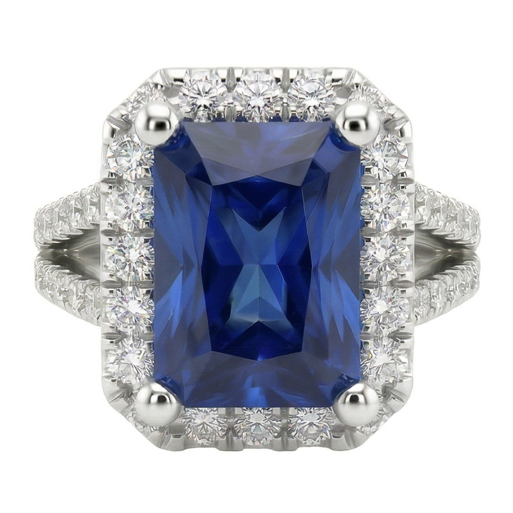 Women Halo Ring Round Natural Earth Mined Diamond Radiant Cut Sapphire Jewelry 3.50 Carats