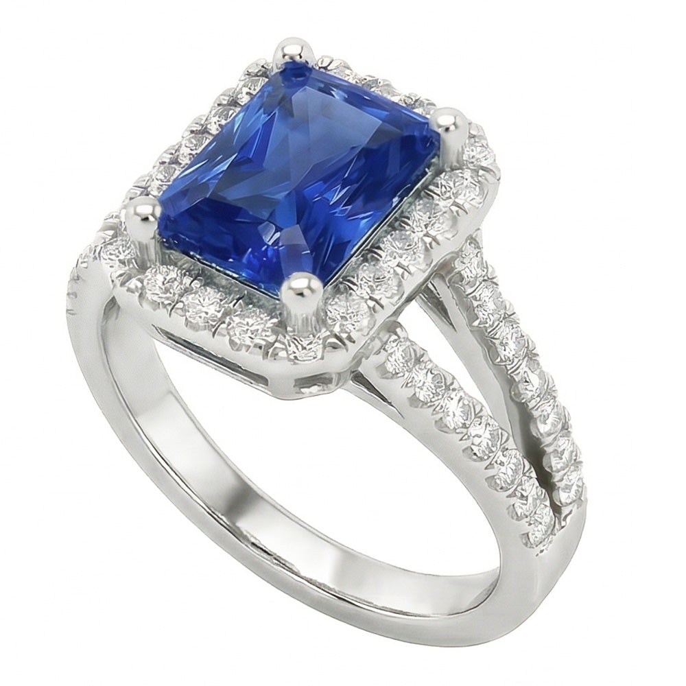 Women Halo Ring Round Natural Earth Mined Diamond Radiant Cut Sapphire Jewelry 3.50 Carats