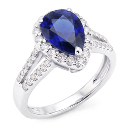Women Halo Ring Split Shank Pear Ceylon Sapphire & Natural Earth Mined Diamonds 3 Carats